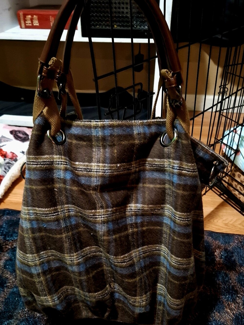 Brown Plaid Tote/ Hobo Bag with Blue Accents - Women